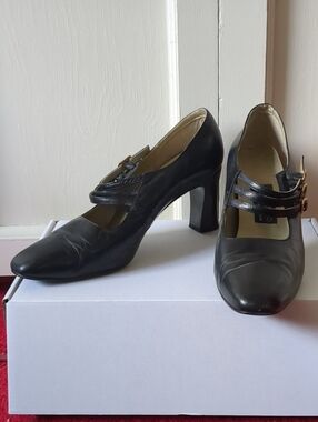 Ferra Giacomo Italian Leather Black Heels Triple Buckle